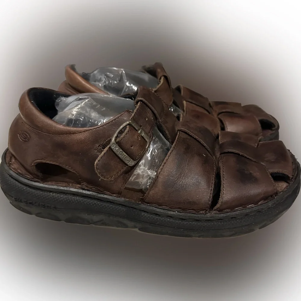 RARE Y2K Skechers SN 9684M Brown Leather Lug Sole Sandals with Buckle Sz:6M;7.5W